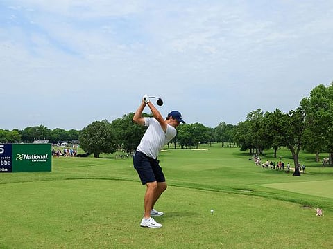 Scottie Scheffler of the United States, world No.1 and winner at the Masters last month, plays his shot from the fifth tee during a practice round prior to the start of the 2022 PGA Championship at Southern Hills Country Club  in Tulsa, Oklahoma.