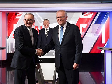 Australian incumbent Prime Minister Scott Morrison (right) and Opposition Leader Anthony Albanese in a May 11  photo.