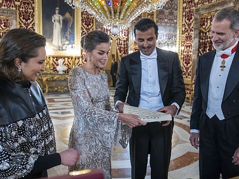 Emir of Qatar Sheikh Tamim and Sheikha Jawaher (far left) attending a state dinner hosted by King and Queen of Spain. 