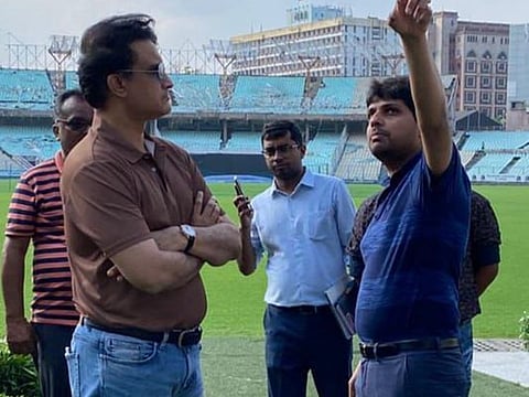 Sourav Ganguly (left), President of BCCI and Abhishek Dalmiya, President of Cricket Association of Bengal (CAB) during a joint inspection of Eden Gardens for the IPL matches.