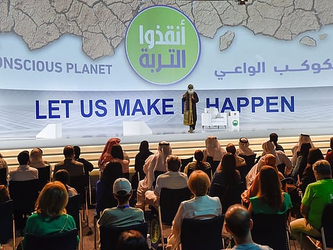  Sadhguru addressing the crowd at the ‘Conscious Planet Movement to Save Soil’ event in Dubai on Friday.  