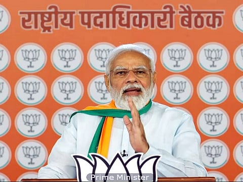 Prime Minister Narendra Modi addresses Bharatiya Janata Party (BJP) national office bearers meeting in Jaipur, via video conferencing, in New Delhi on Friday, May 20, 2022.