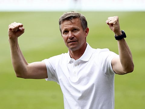 Leeds United manager Jesse Marsch celebrates after beating Brentford. The result, coupled with Burnley's defeat, meant Leeds avoid relegation from the Premier League.