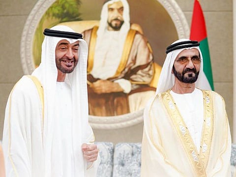 UAE President His Highness Sheikh Mohamed bin Zayed Al Nahyan (L) and His Highness Sheikh Mohammed bin Rashid Al Maktoum, Vice President and Prime Minister of the UAE and Ruler of Dubai