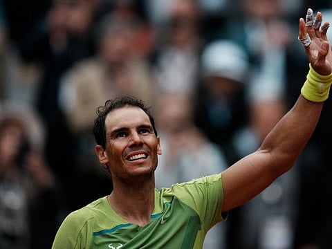 Spain's Rafael Nadal celebrates winning against Australia's Jordan Thompson in three sets during their first round match at the French Open in Roland Garros in Paris on Monday.