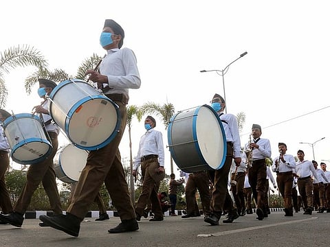 Rashtriya Swayamsevak Sangh (RSS) volunteers participate in a march in Bhopal, Madhya Pradesh, India 