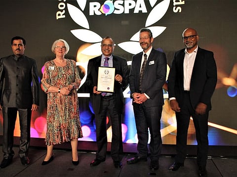 Tristar Group CEO Eugene Mayne pose between RoSPA President Baroness Judith Jolly (2nd left) and RoSPA CEO Errol Taylor (2nd right), with the RoSPA Fleet Safety Gold Award along with Tristar Road Transport (UAE) Product head Arundhan Alphones (right) and Tristar Group HSEQ & Sustainability Manager Sridhar Srinivasalu (left). UK-based RoSPA or Royal Society for the Prevention of Accidents held its first ever Health & Safety Awards in the Middle East on May 23 at the Hyatt Regency Dubai