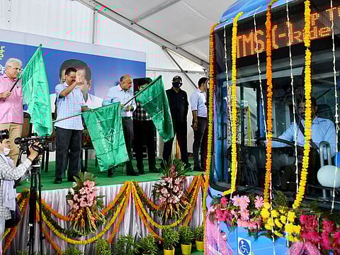 Delhi Chief Minister Arvind Kejriwal with Transport Minister Kailash Gahlot flags off 150 electric buses in New Delhi on Tuesday. 
