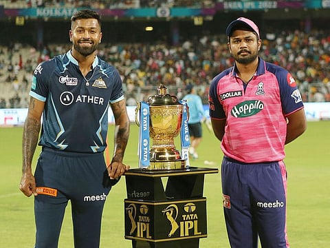 Captains Hardik Pandya of the Gujarat Titans and Sanju Samson of the Rajasthan Royals ahead of the toss for Qualifier 1 of the Indian Premier League 2022, at the Eden Garden, Kolkata, on May 24, 2022.