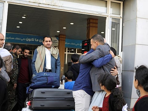 Passengers upon their arrival aboard the first commercial flight in six years to land at Sana'a Airport, on May 16, 2022. 