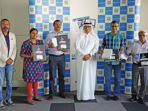 (From left to right) Potru Raju, Gulf News Director for Circulation Sales and Distribution, Ramna Rajan, Felix Coelho, Gulf News CEO and Editor-in-Chief Abdul Hamid Ahmad, Vinayak Loyalka and Palani Kumara at the Gulf News office on 23rd May, 2022.