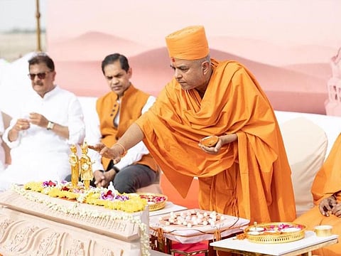 Swami Brahmaviharidas with Ambassador Sunjay Sudhir at the stone-laying ceremony for BAPS Hindu Mandir, Abu Dhabi, today.  