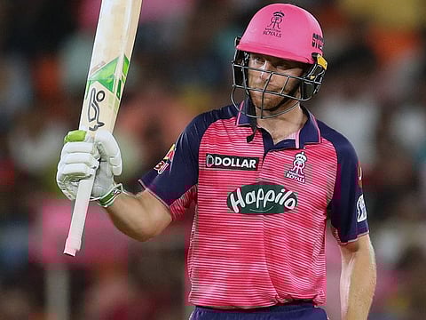 Jos Buttler of Rajasthan Royals celebrates his half century during the Qualifier 2 of Indian Premier League 2022 against Royal Challengers Bangalore, at Narendra Modi Stadium in Ahmedabad.