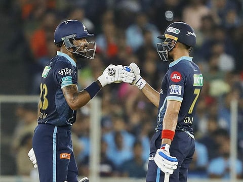 Gujarat Titans Hardik Pandya and Shubman Gill during the Indian Premier League 2022 final against Rajasthan Royals, at Narendra Modi Stadium, in Ahmedabad.