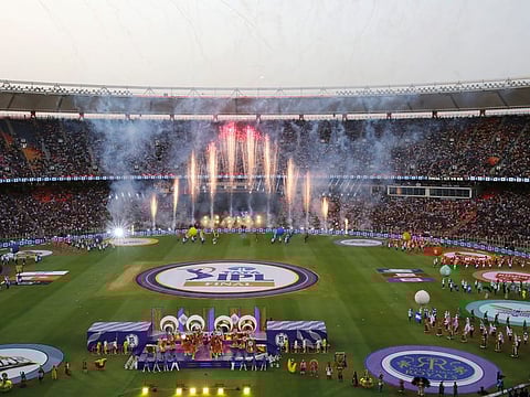 The closing ceremony in progress before the final between Gujarat Titans and Rajasthan Royals at Narendra Modi Stadium.