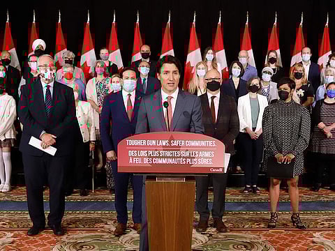 Canada's Prime Minister Justin Trudeau announces new gun control legislation in Ottawa, Ontario, on Monday, May 30, 2022.