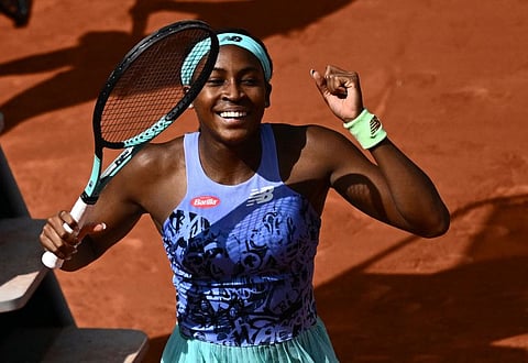 Coco Gauff reacts after winning against Sloane Stephens in their women's singles match on day ten of the Roland-Garros Open tennis tournament at the Court Philippe-Chatrier in Paris.