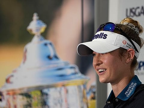 Back in business: Nelly Korda addresses her press conference ahead of US Women's Open on Tuesday.