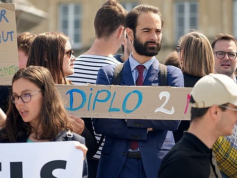 Diplomats protest near the French Foreign Ministry, on June 2, 2022 in Paris.  