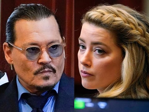 This combination of two separate photos shows actors Johnny Depp, left, and Amber Heard in the courtroom for closing arguments at the Fairfax County Circuit Courthouse in Fairfax, Va., on Friday, May 27, 2022. 