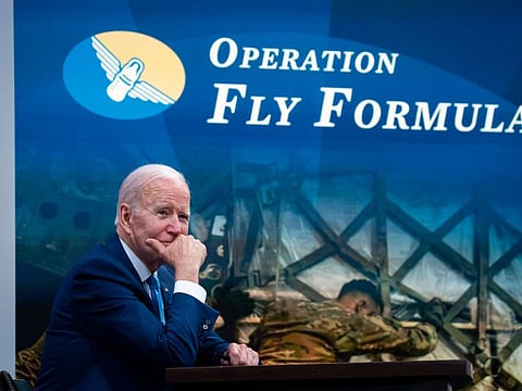 US President Joe Biden meets virtually with baby formula manufacturers in the Eisenhower Executive Office Building in Washington, on June 1, 2022. Biden met manufacturers to tout his administration's efforts to combat a shortage that's only worsening across the country, risking backlash from angry parents. 