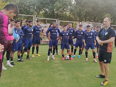 Getting into groove: Indian football team is currently undergoing a preparation camp in Kolkata. Sunil Chettri (second right), along with the team, is all ears to coach Igor Stimac.