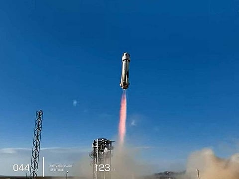 In this still image taken from a Blue Origin broadcast, a Blue Origin New Shepard rocket launches from Launch Site One in West Texas north of Van Horn on June 4, 2022.  