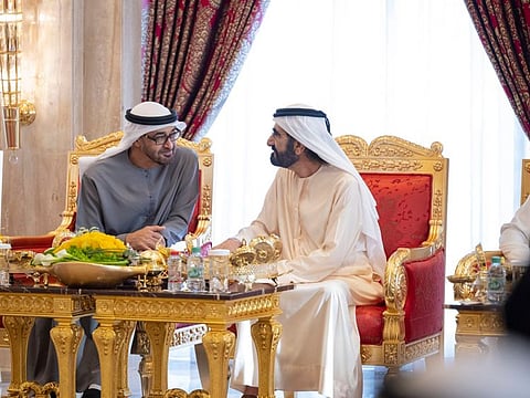 President His Highness Sheikh Mohamed bin Zayed Al Nahyan during his meeting with His Highness Sheikh Mohammed bin Rashid Al Maktoum, Vice-President and Prime Minister of the UAE and Ruler of Dubai, at Zabeel Palace.