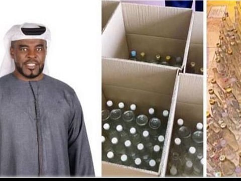 Ali Darwish Al Zaabi said he counted the bottles and packed them in boxes, with each box containing 30 bottles. He has kept as many as 85 of these boxes in a store.