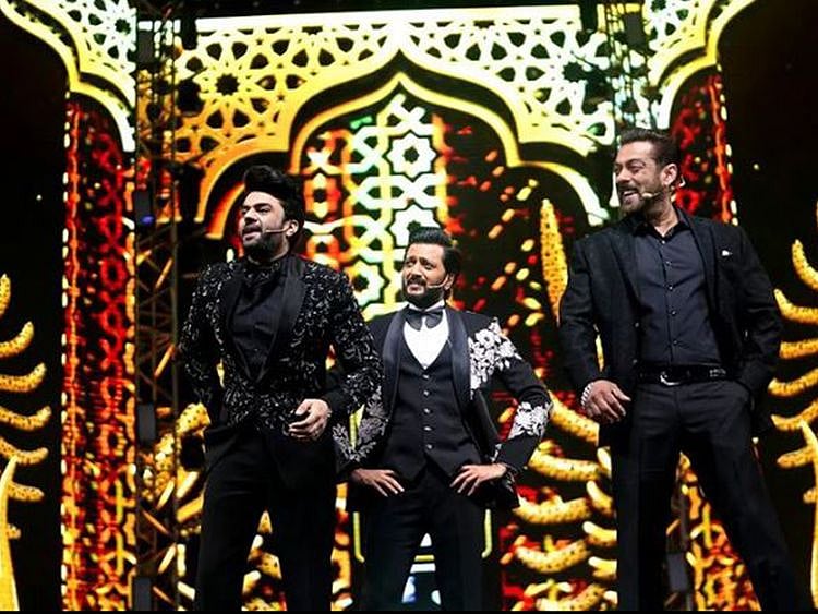 Salman Khan, far right, hosting the IIFA Awards with Maniesh Paul and Riteish Deshmukh