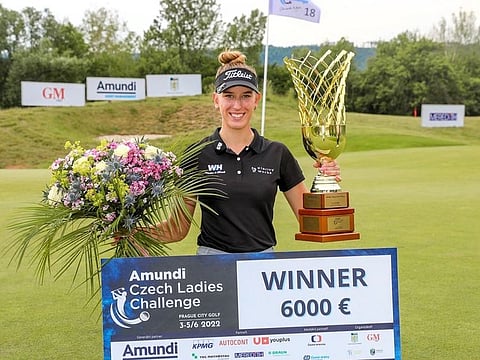 Dubai based Chiara Noja with her trophy after her maiden victory on the LETAS in the Czech Republic.