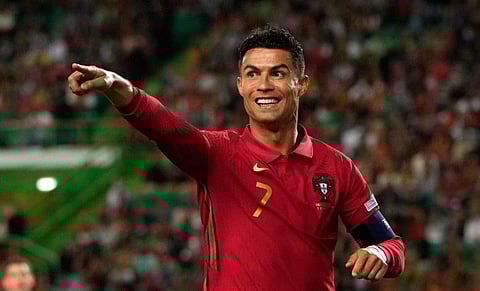 Portugal's Cristiano Ronaldo celebrates after scoring his second goal during the UEFA Nations League match against Switzerland, at the Jose Alvalade Stadium in Lisbon, Portugal.