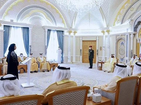 Sara Musallam, Minister of State for Early Education, taking oath before Sheikh Mohamed bin Zayed Al Nahyan and Sheikh Mohammed bin Rashid Al Maktoum