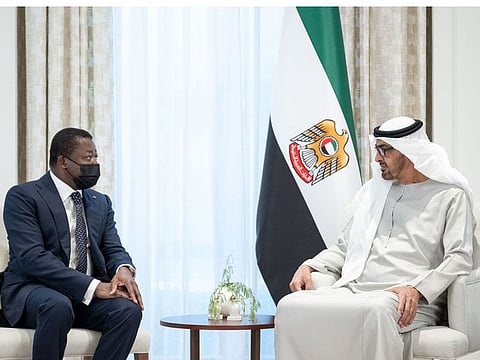 President His Highness Sheikh Mohamed bin Zayed Al Nahyan (R) with President Faure Gnassingbé of the Republic of Togo