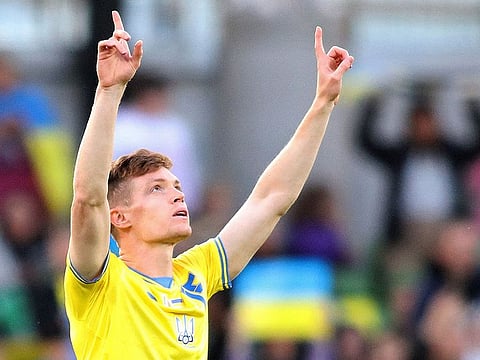 Viktor Tsygankov, the Ukrainian midfielder, celebrates after finding the matchwinner against Republic of Ireland on Wednesday.