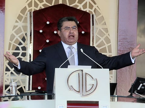 Naasón Joaquín García leads a service at his church "La Luz del Mundo" in Guadalajara, Mexico on Aug. 9, 2018.