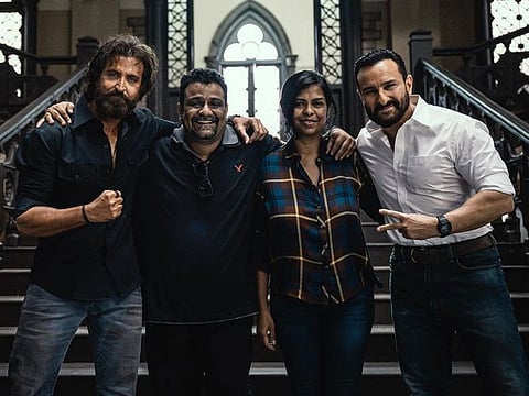 Hrithik Roshan and Saif Ali Khan with 'Vikram Vedha' filmmakers Gayathri and Pushkar