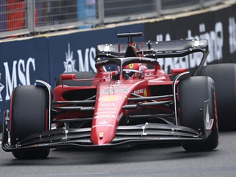 Ferrari's Charles Leclerc steers his car during the qualifying session for the Formula One Azerbaijan Grand Prix at the Baku City Circuit in Baku.