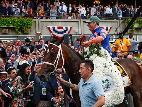 Mo Donegal, with jockey Irad Ortiz Jr., is paraded in the winner's circle after victory in the 154th running of the Belmont Stakes horse race at Belmont Park in Elmont, N.Y.
