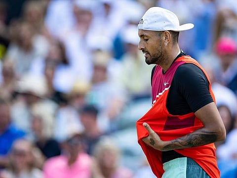 Australia's Nick Kyrgios reacts during his ATP tennis semifinals match against Britain's Andy Murray in Stuttgart, Germany.