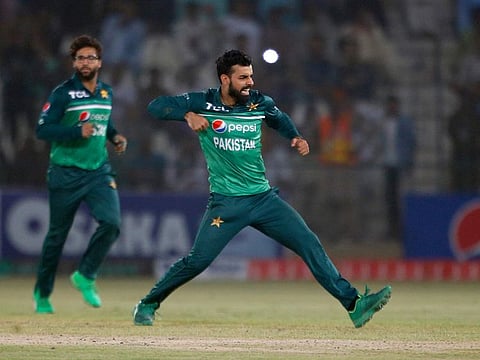 Pakistan's Shadab Khan celebrates after taking the wicket of West Indies' Akeal Hosein during their third and final One day International in Multan on Sunday.