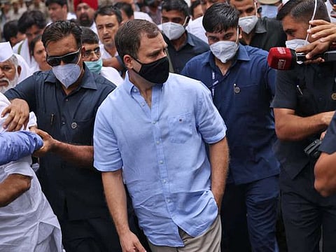 Congress leader Rahul Gandhi accompanied by party leaders and supporters marches towards Enforcement Directorate (ED) office to appear before it in connection with the National Herald case, in New Delhi on Monday, June 13, 2022.