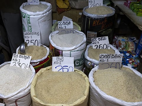 Imported rice at a stall in a market in Kandy, on  June 13, 2022. Sri Lanka’s economy is likely contracted in the first quarter, slammed by public protests, political instability, high commodity prices, power shortages and supply-chain snarls. 