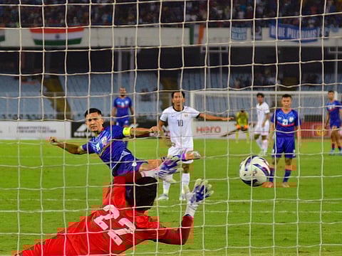 Indian skipper Sunil Chhetri fires home from the penalty spot against Cambodia in an Asian Cup qualifying game in Kolkata.