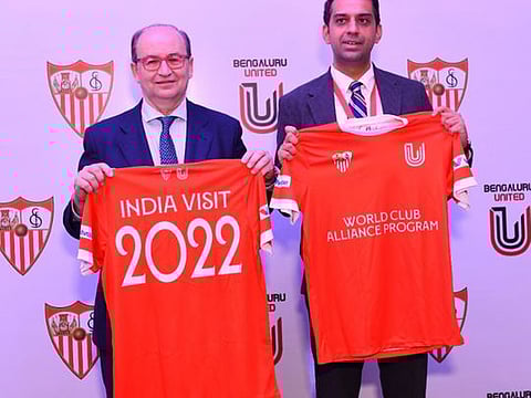 Left: Jose Manuel Castro, President of Sevilla FC with Gaurav Manchanda, owner of FC Bengaluru United, during visit of India last week.