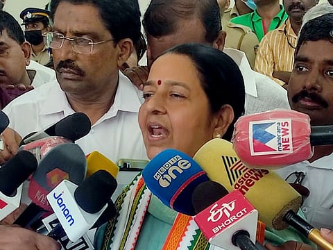 Uma Thomas speaks to media after winning the Thrikkakara assembly by-election in Kochi on Friday. 