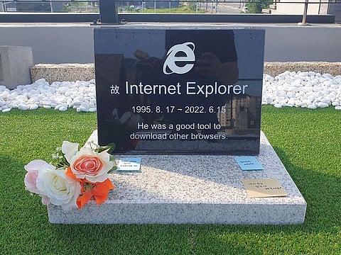 Tombstone of Internet Explorer browser, set up by South Korea's software engineer Jung Ki-young, is pictured at a rooftop of a cafe in Gyeongju, South Korea.
