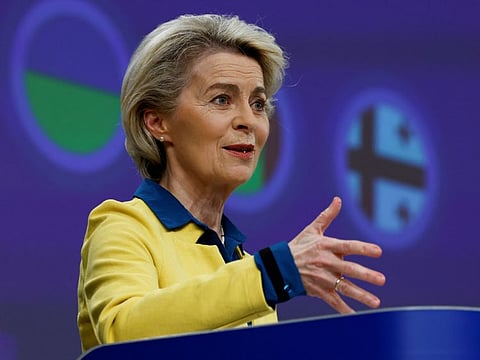 European Commission President Ursula von der Leyen gestures as she speaks during a news conference, with European Commissioner for Neighbourhood and Enlargement Oliver Varhelyi, after a meeting of the College of European Commissioners addressing its opinion on Ukraine's EU candidate status, in Brussels, Belgium June 17, 2022.
