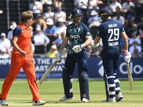 Big hitters... England's Dawid Malan and Phil Salt in action against the Netherlands.
