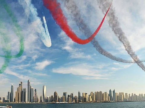 The jets will pass over, across and next to Dubai’s iconic landmarks including the Burj Khalifa, Ain Dubai, Palm Jumeirah, Burj Al Arab, Kite Beach, Dubai Frame and  Museum of the Future, leaving behind smoking trails of colour.